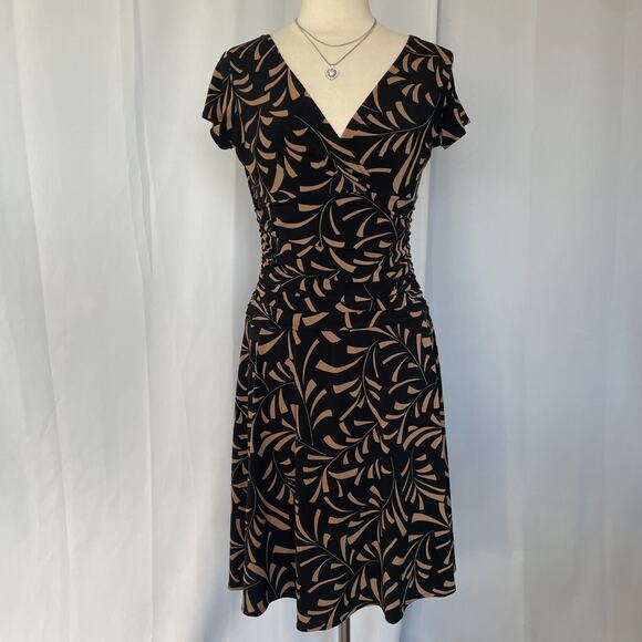 Midi Dress Size 12 Black Tan Faux Wrap V neck Stretch A Line Short Sleeve Y2K - Picture 2 of 14